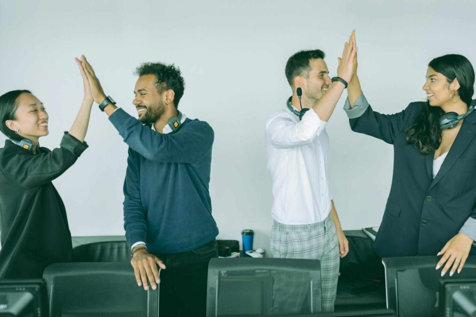 Collaborative workspace with team discussing social media campaigns and content calendars